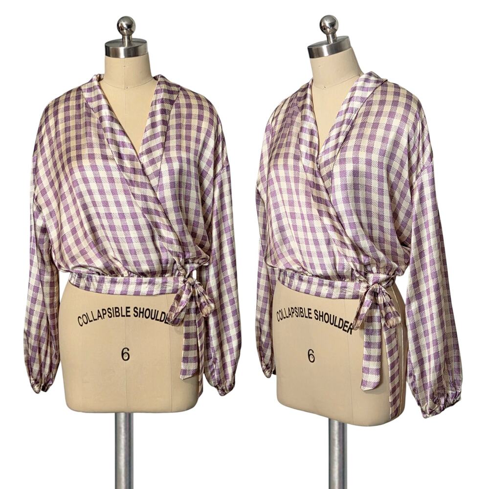 Boutique Label ENDLESS Blue Purple GINGHAM Satin Print Wrap Top Shirt Blouse L